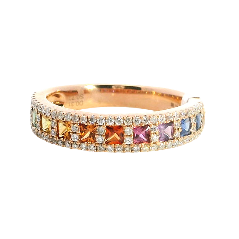 Bold & Elegant 18K Rosé Gold Princess Cut Mulit Color 0.72 Carats Fancy Sapphires & 0.31 Carats Diamond Halo Band
