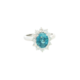Bold & Elegant 14K White Gold Oval Cut 3.37 Carats Blue Zircon & 0.87 Carats Diamond Halo Ring