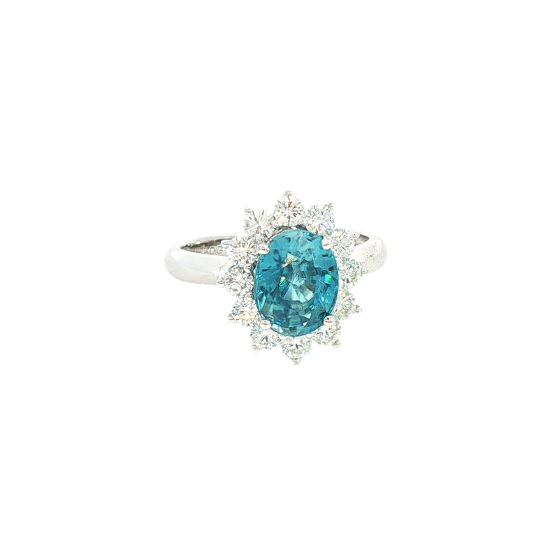 Bold & Elegant 14K White Gold Oval Cut 3.37 Carats Blue Zircon & 0.87 Carats Diamond Halo Ring