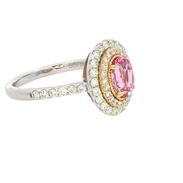 Bold & Elegant 18K White & Yellow Gold Oval Cut 1.08 Carats Padparadscha Pink Sapphire & 0.64 Carats Diamond Halo Ring