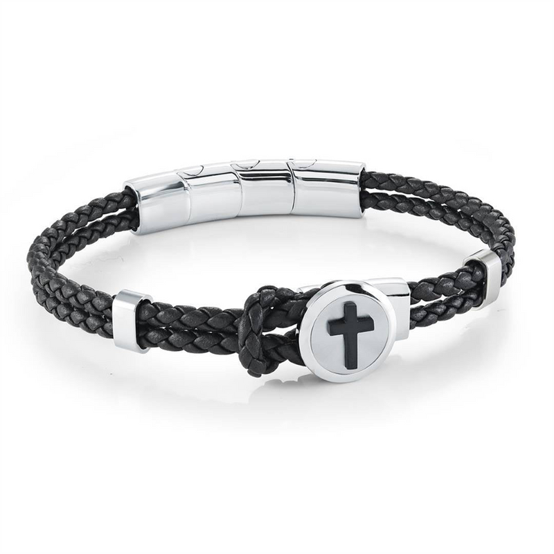 High Polished Stainless Steel Braided Black Leather Two Strand Cross Bracelet - 8 Inch