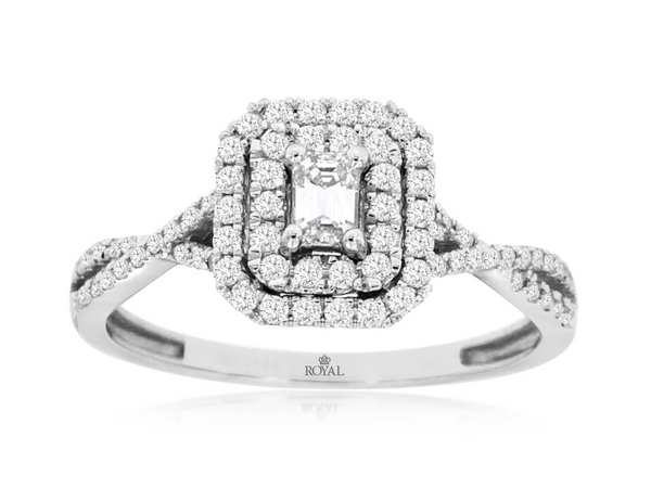 White 14 Karat Gold 1/2 Carats Diamond Halo Emerald Cut Engagement Ring