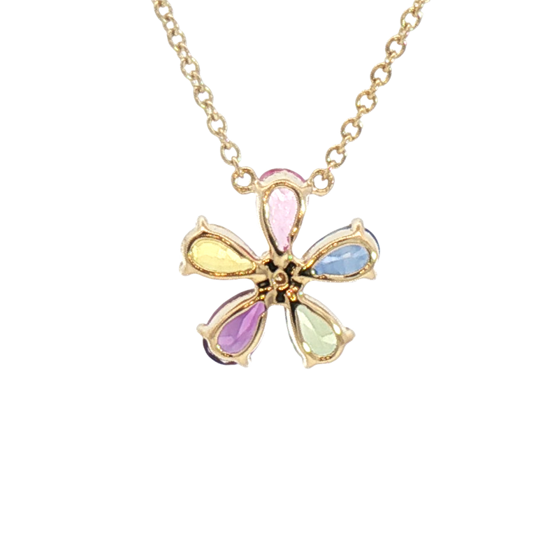 Vibrant Colored Stone Necklaces 14K Yellow Gold 1.13 Carats Sapphires & 0.02 Carats Diamond Floral Necklace, 18 Inch