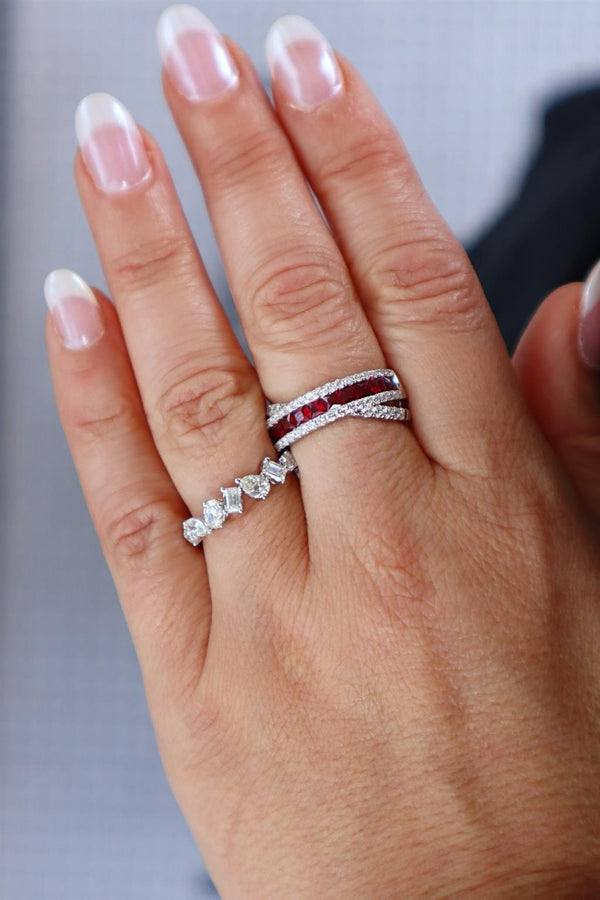 Elegant & Trendy 18K White Gold Princess Cut 0.97 Carats Ruby & 0.47 Carats Diamond Crossover Band