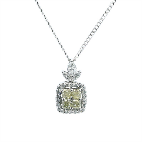Elegant Diamond Necklaces & Pendants 14K Gold Two-Toned 1.34 Carats Fancy Yellow Cushion, Marquise & Round Diamonds Halo Pendant