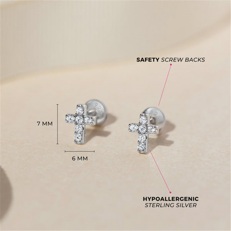 Sterling Silver The Perfect Cross 7mm CZ Earrings For Children