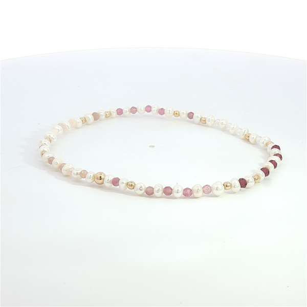 Yellow Gold Filled, Pearl, Garnet, Pink Selenite, Peach Moonstone, And White Topaz Bead Bracelet