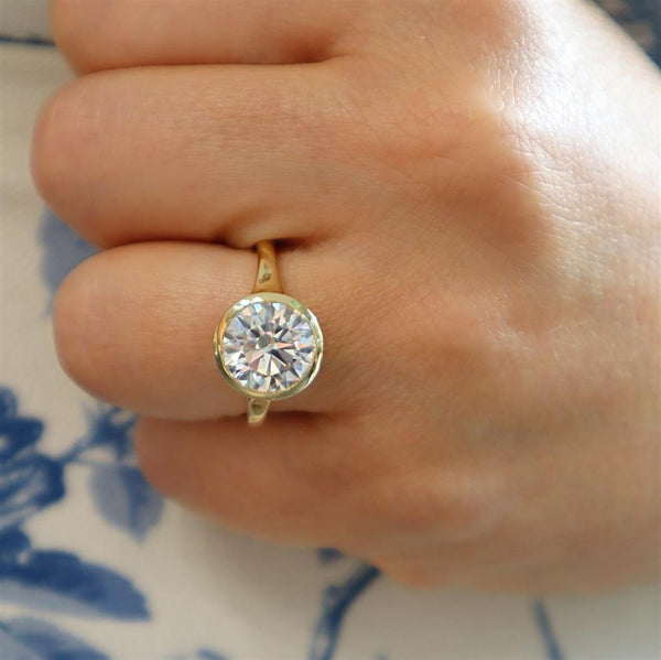 14K Gold Yellow Hidden Halo Round Lab Grown Diamond Bezel Engagement Ring - Lab-Grown 3.18 CTW Diamond