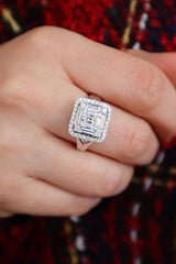 Elegant & Trendy 14K White Gold Square Cushion 1.29 Carats Baguette & Round Diamond Halo Ring