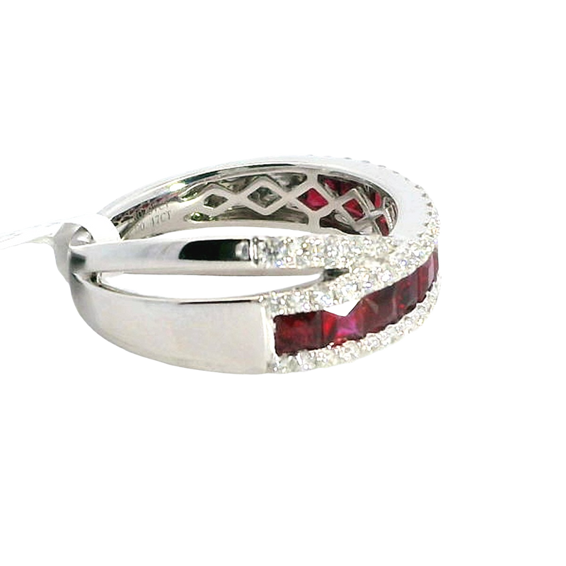 Elegant & Trendy 18K White Gold Princess Cut 0.97 Carats Ruby & 0.47 Carats Diamond Crossover Band