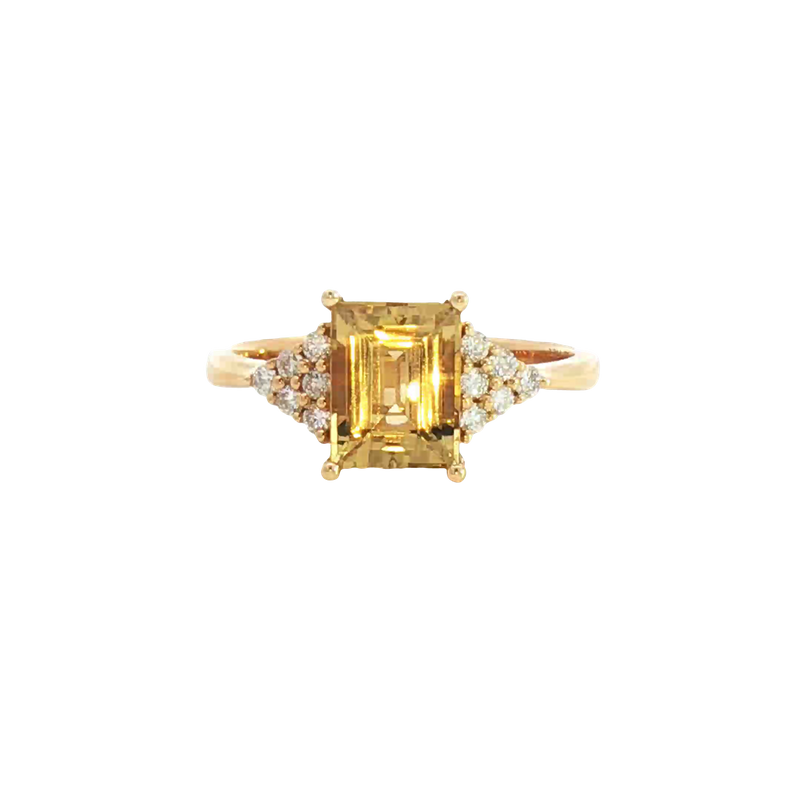 Bold & Elegant 18K Yellow Gold Emerald Cut 1.62 Carats Yellow Beryl & 0.17 Carats Diamond Ring
