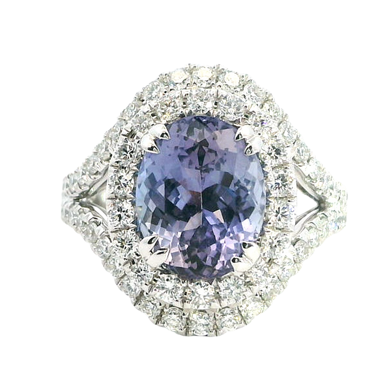 Bold & Elegant 18K Gold White Halo Color Stone Fashion Rings - 2.99 Carats Tanzanite & Diamonds 1.03 Carats