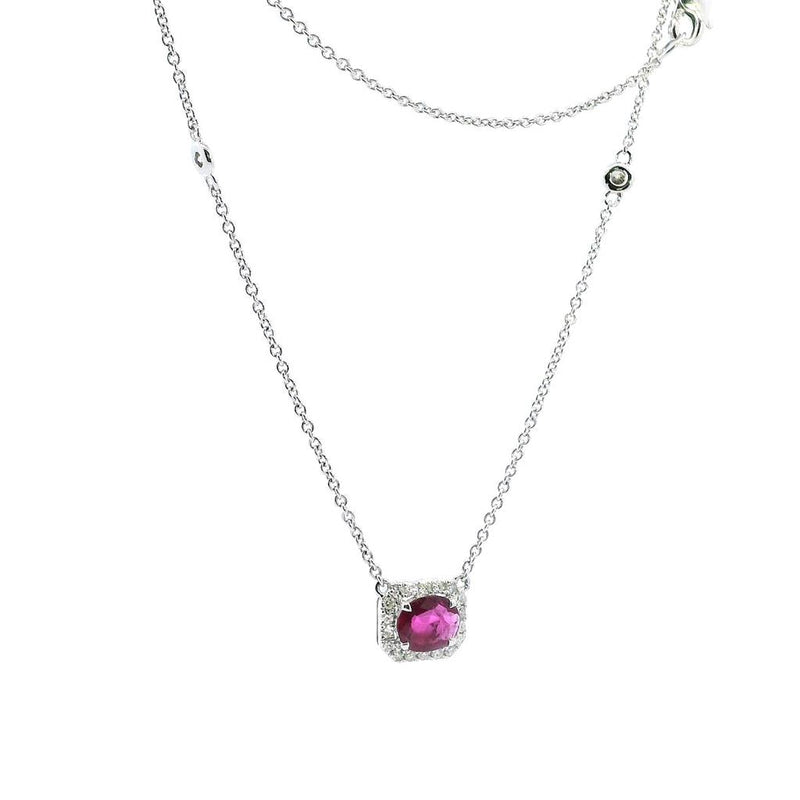 Elegant & Stylish Colored Stone Necklaces 14K White Gold 0.65C Oval Ruby & 0.16C Diamond Halo & Diamond Accented Necklace, 18 Inch