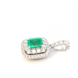 Vibrant 18K White Gold 0.14 Carats Emerald & 0.37 Carats Diamond Halo Drop Pendant