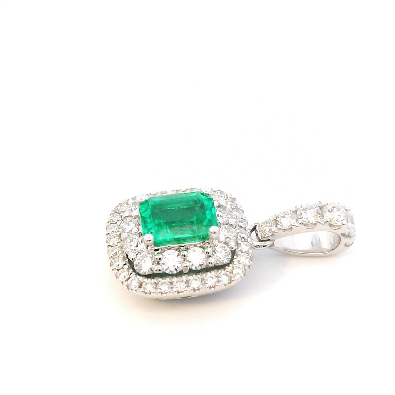 Vibrant 18K White Gold 0.14 Carats Emerald & 0.37 Carats Diamond Halo Drop Pendant