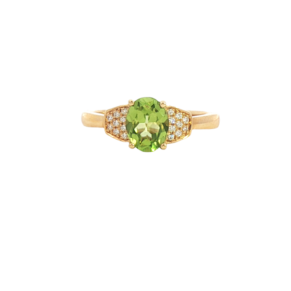 Bold & Elegant 18K Yellow Gold Oval Cut 1.19 Carats Yellowish Green Peridot & 0.07 Carats Diamond Ring