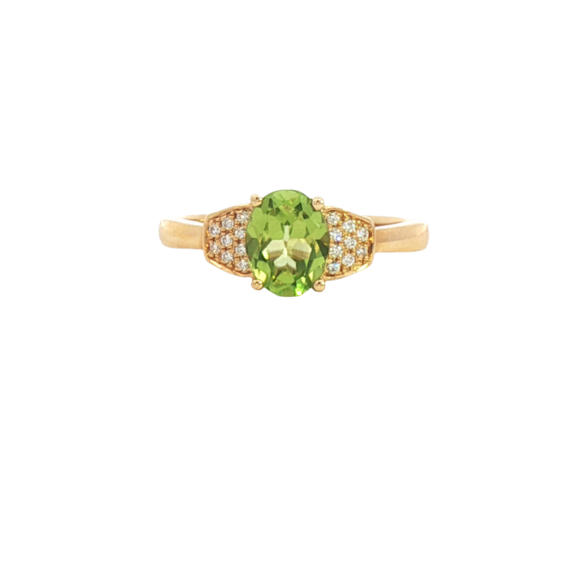 Bold & Elegant 18K Yellow Gold Oval Cut 1.19 Carats Yellowish Green Peridot & 0.07 Carats Diamond Ring