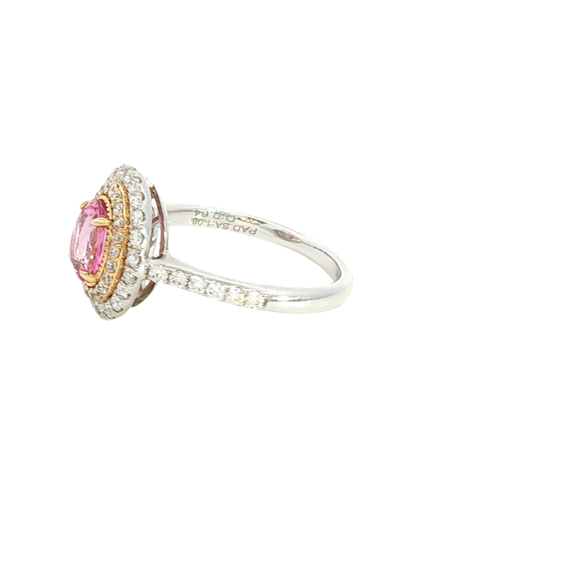 Bold & Elegant 18K White & Yellow Gold Oval Cut 1.08 Carats Padparadscha Pink Sapphire & 0.64 Carats Diamond Halo Ring
