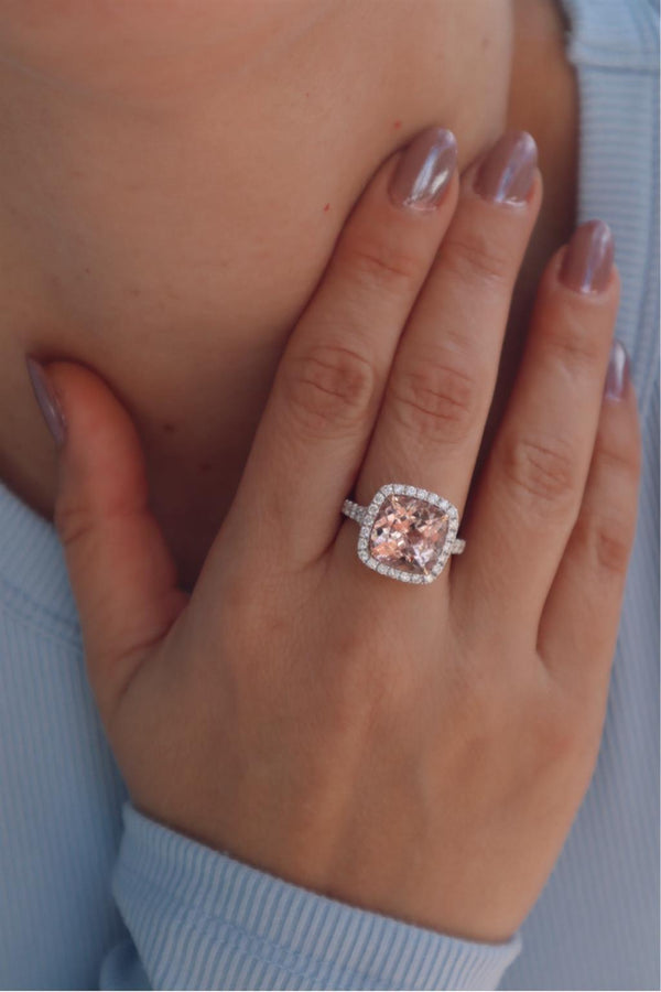 18K Two-Toned Gold Halo Cushion-Cut Morganite & Diamond Ring, 5.68ct Morganite & 0.86ct Diamonds