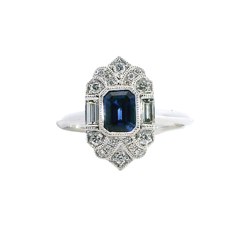 Bold & Elegant Vintage Inspired Fashion 18K White Gold 0.72 Carat Blue Sapphire & 0.35 Carat Diamond Ring