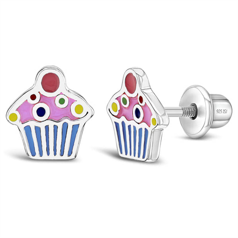 Sterling Silver Cherry on Top Cupcake Enamel Earrings With Screw Back For Children