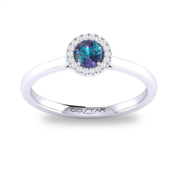 White 10 Karat Gold 0.30 Carats Synthetic Alexandrite & 0.05 Carats Diamond Halo Ring