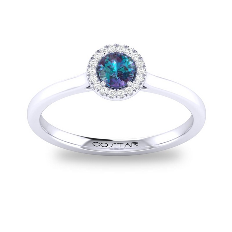 White 10 Karat Gold 0.30 Carats Synthetic Alexandrite & 0.05 Carats Diamond Halo Ring