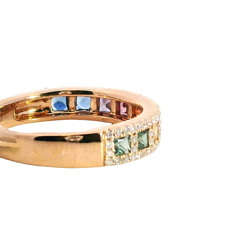 Bold & Elegant 18K Rosé Gold Princess Cut Mulit Color 0.72 Carats Fancy Sapphires & 0.31 Carats Diamond Halo Band