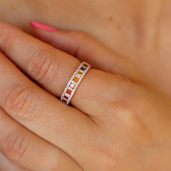 Bold & Elegant 18K Rosé Gold Princess Cut Mulit Color 0.72 Carats Fancy Sapphires & 0.31 Carats Diamond Halo Band