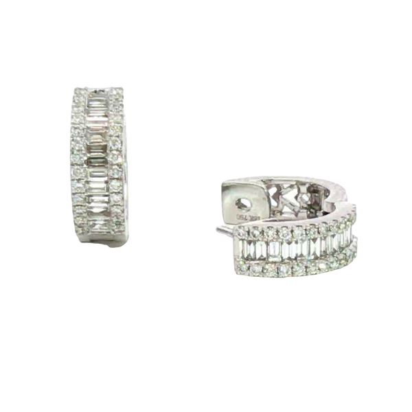 Classic & Contemporary 18K White Gold 0.62 Carats Baguette & Round Diamond Huggie Earrings