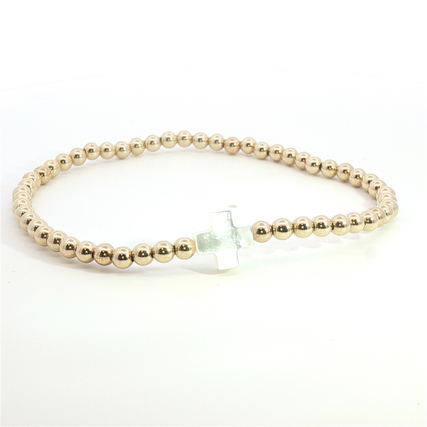 Yellow Gold Filled 4 MM Bead & Mother of Pearl Cross Bracelet - 8 Inch