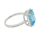 Bold & Elegant 14K White Gold Rectangular Cushion Cut 4.80 Carats Blue Topaz & 0.30 Carats Diamond Halo Ring