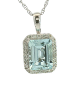 Vibrant 14K White Gold Emerald Cut 2.0 Carats Aquamarine & 0.20 Carats Diamond Halo Necklace - 18 inch