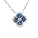 Vibrant Colored Stone Necklaces 18K White Gold 0.90 Carats Blue Sapphires & 0.12 Carats Diamond Halo Clover Motif Necklace - 18 Inch