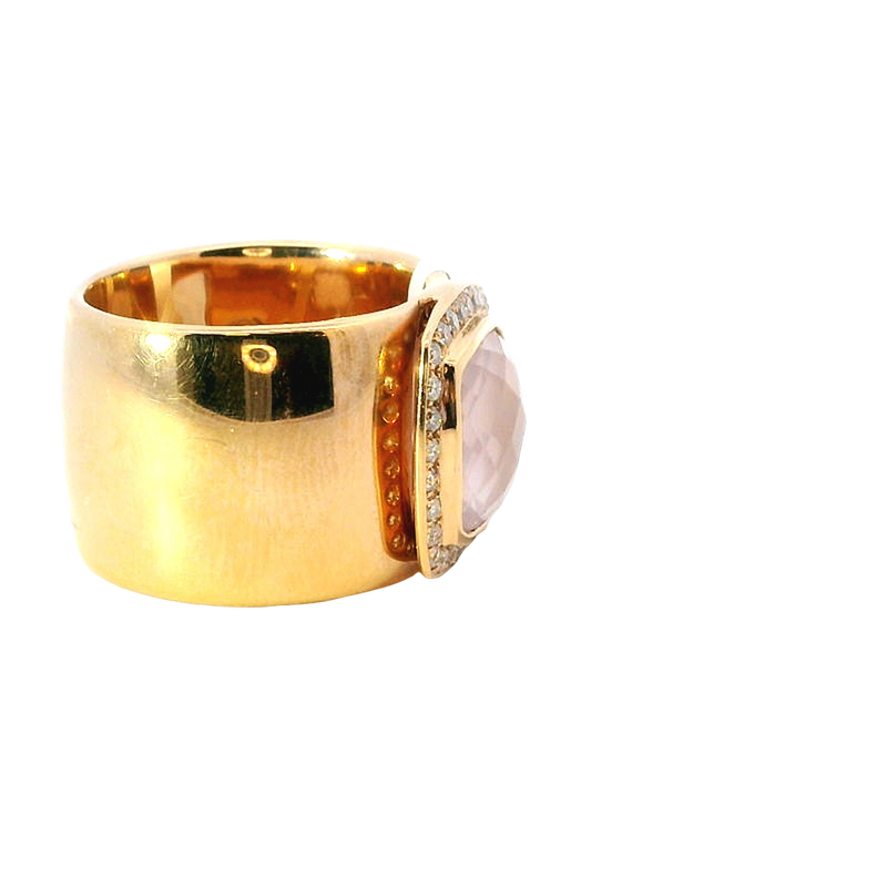 Bold & Elegant 18K Rosé Gold 4.57 Carat Cushion Cut Rose Quartz & 0.35 Carat Diamond Halo Wide Band Ring
