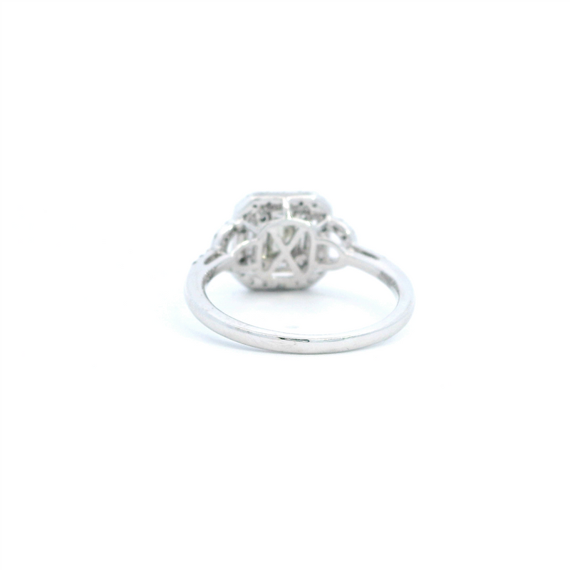 Timeless & Elegant Diamond Engagement Rings 14K White Gold Cushion Halo Emerald Cut, Baguette & Round 0.73 Carats Diamond Engagement Ring