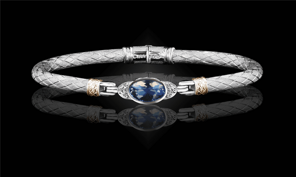 Elegant & Eye Catching Sterling Silver & 14K Yellow Gold Blue Topaz & 0.10 Carats Lab Grown Diamond Bangle Bracelet - 7 Inch