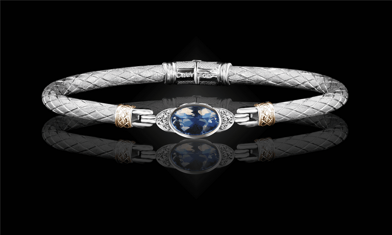 Elegant & Eye Catching Sterling Silver & 14K Yellow Gold Blue Topaz & 0.10 Carats Lab Grown Diamond Bangle Bracelet - 7 Inch