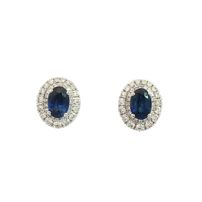 Vibrant Color Stone 18K White  Gold 1.24 Carats Sapphire & Double Halo 0.55 Carats Diamond Stud Earrings