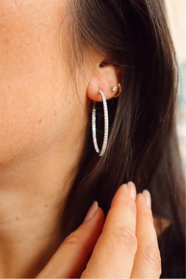 Classic & Contemporary 18K Gold White 1.96 Carats Diamond 38mm Large Inside/Out Hoop Earrings