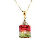 Vibrant Colored Stone Necklaces 18K Yellow Gold Emerald Cut 5.62 Carats WatermelonTourmaline & 0.18 Carats Diamond Necklace, 18 Inch