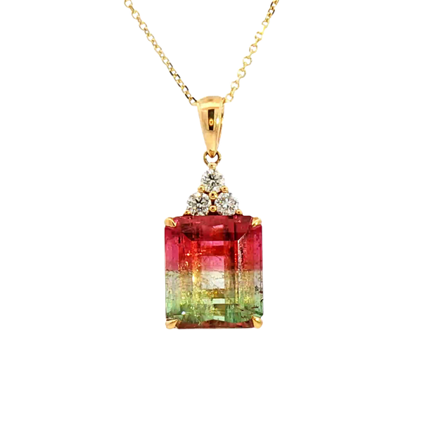 Vibrant Colored Stone Necklaces 18K Yellow Gold Emerald Cut 5.62 Carats WatermelonTourmaline & 0.18 Carats Diamond Necklace, 18 Inch