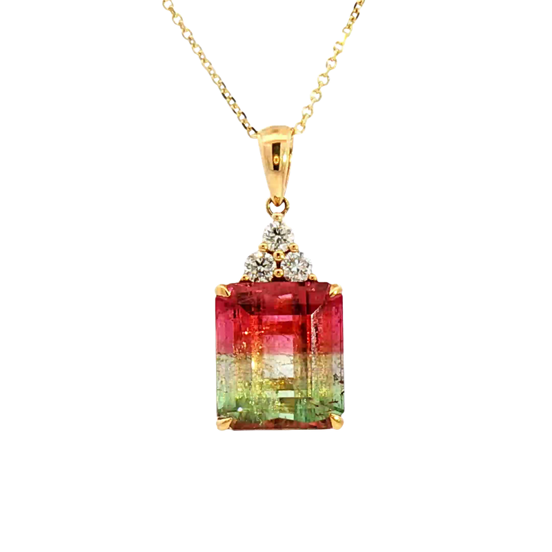 Vibrant Colored Stone Necklaces 18K Yellow Gold Emerald Cut 5.62 Carats WatermelonTourmaline & 0.18 Carats Diamond Necklace, 18 Inch