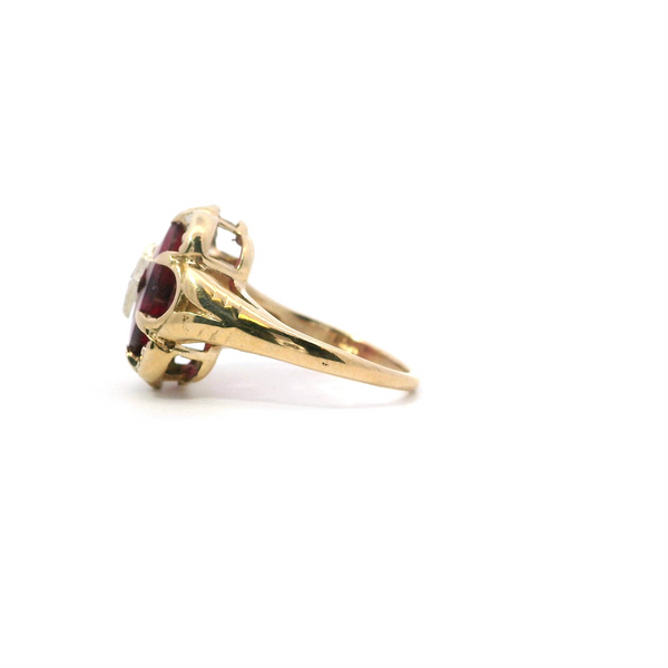 Bold & Elegant 10K Gold Yellow Vintage  Art Deco Created Ruby & Diamond Color Stone Ring - 0.10 Carats Diamonds Weight