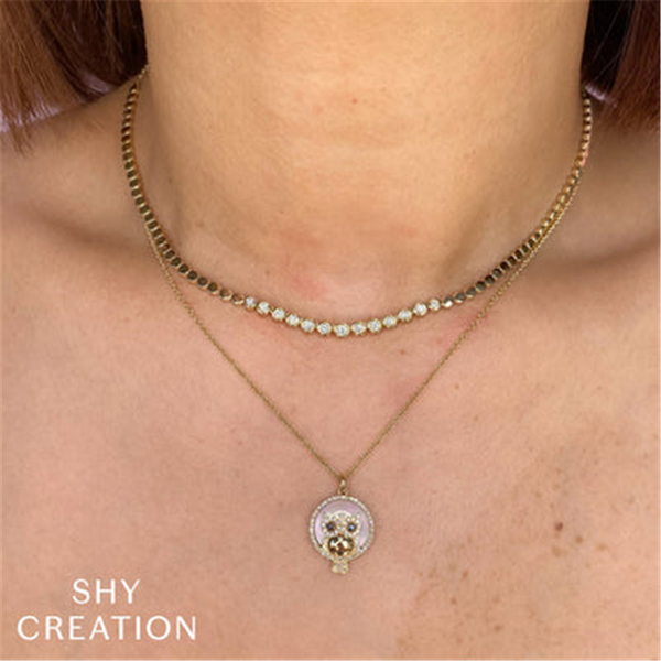 Yellow 14 Karat Gold 0.46 Carats Diamond & Polished Bead Tennis Necklace