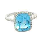 Bold & Elegant 14K White Gold Rectangular Cushion Cut 4.80 Carats Blue Topaz & 0.30 Carats Diamond Halo Ring