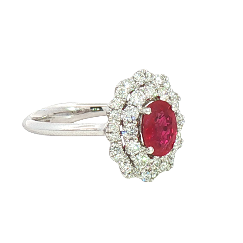 Bold & Elegant 18K White Gold Oval Cut 1.0 Carat Ruby & 0.66 Carats Diamond Double Halo Ring