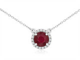 Vibrant Colored Stone Necklaces 14K White Gold Round Cut 0.96 Carats Ruby & 0.27 Carats Diamond Halo Station Necklace - 18 Inch