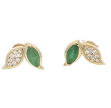 Vibrant Color Stone 14K Yellow Gold Marquise Shaped 0.60 Carats Emeralds & 0.11 Carats Diamond Cluster Stud Earrings