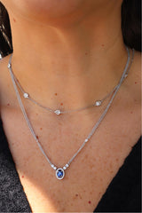 Vibrant Colored Stone Necklaces 18K Gold White 0.90 Carats Sapphire & 0.31 Carats Diamond Halo Necklace, 18 Inch